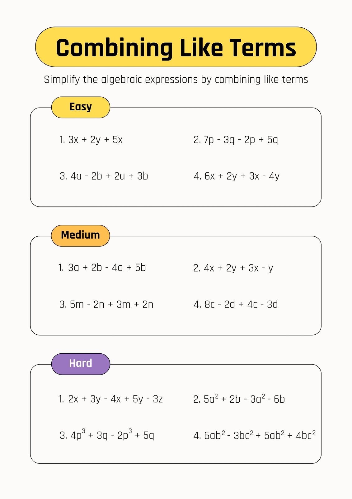Free Custom Combining Like Terms Worksheet Templates Worksheets Library