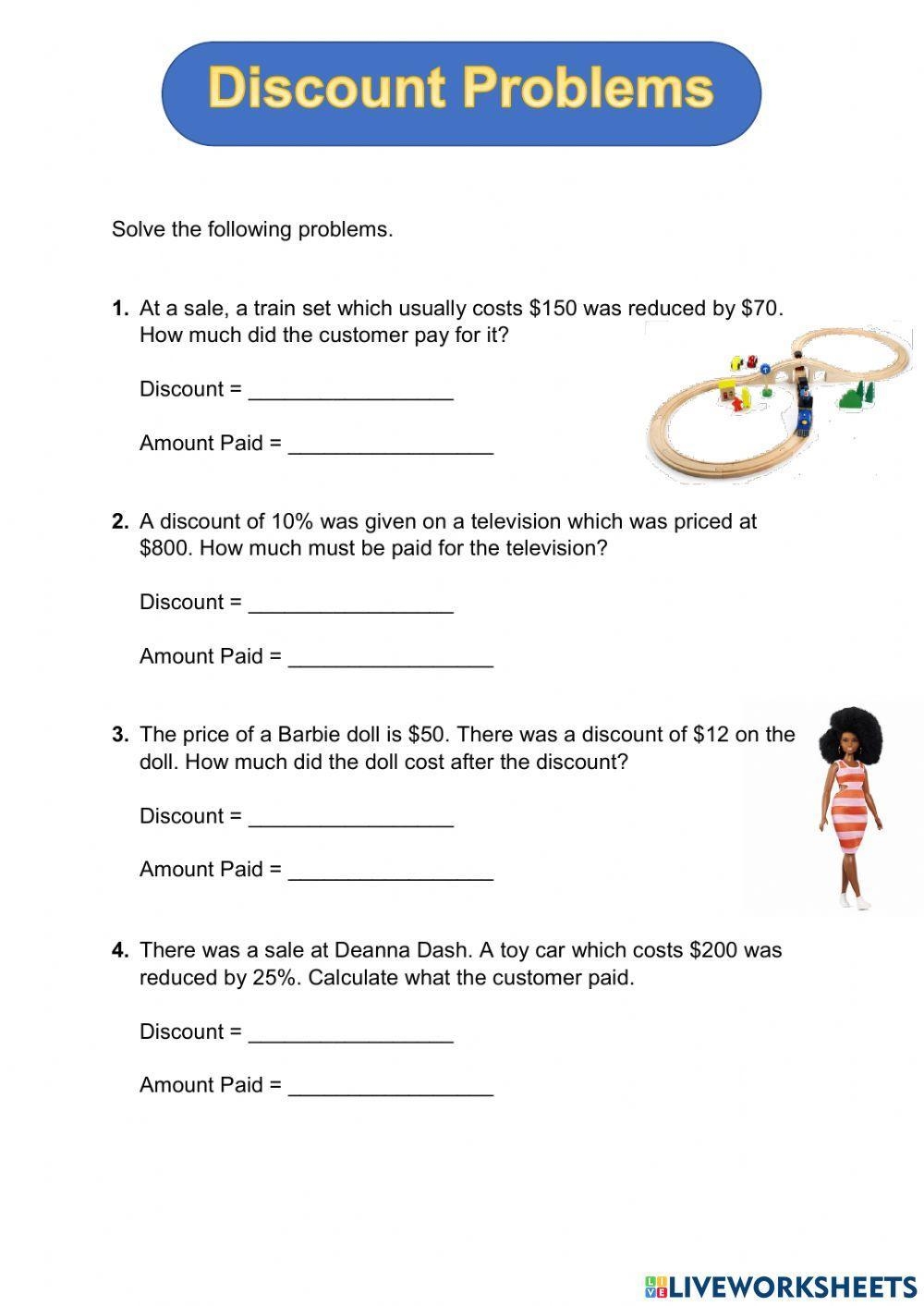 Remedial Discount Interest Word Problems The Davidson Group Worksheets Library