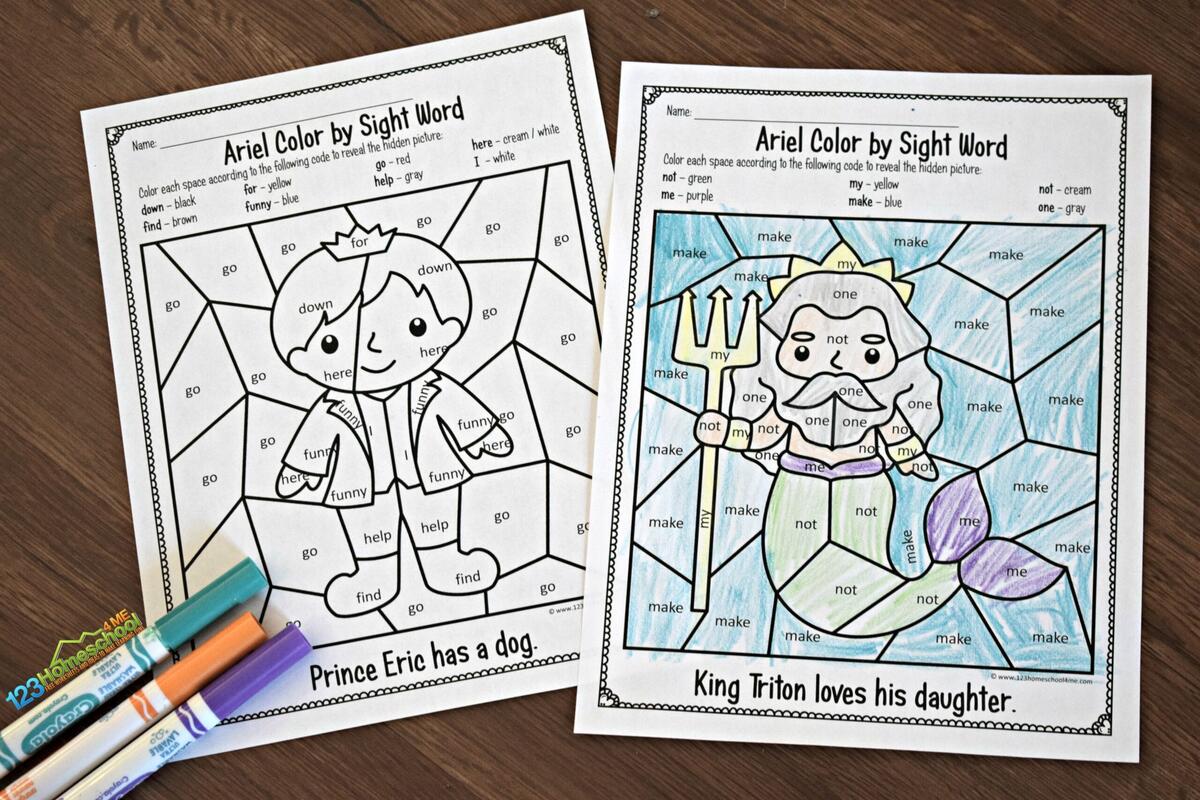 FREE Little Mermaid Color By Sight Word Worksheets
