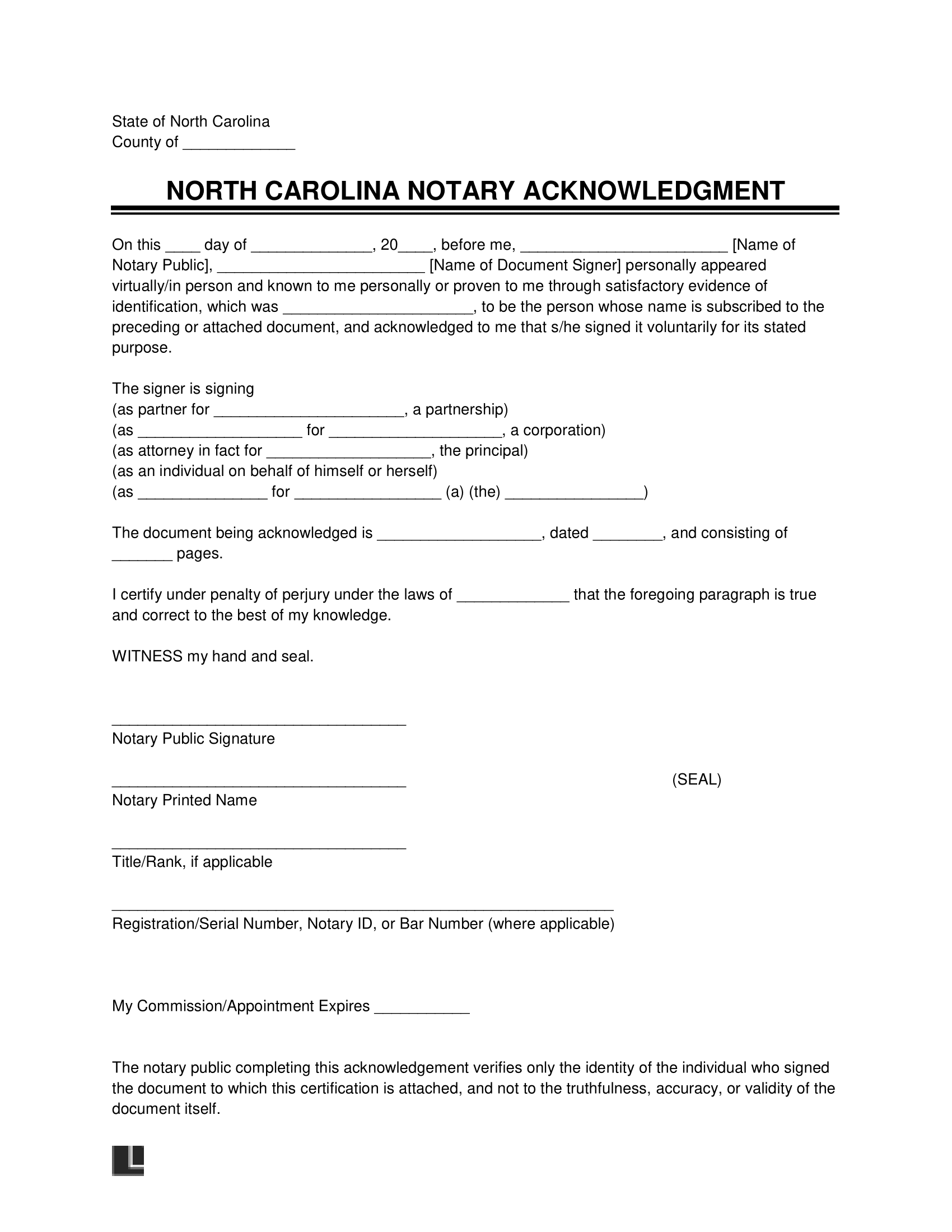 Free North Carolina Notary Acknowledgment Form PDF Word Free North Carolina Notary Acknowledgment Form PDF Word
