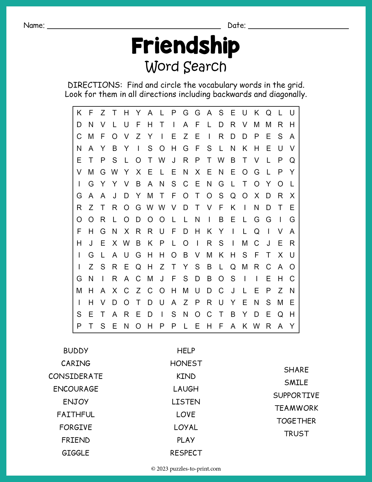 Free Printable Friendship Word Search