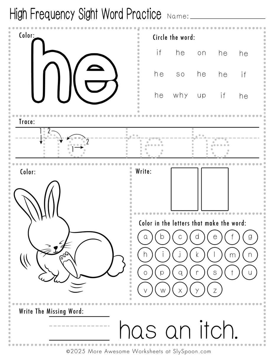 Free Printable He Sight Word Worksheets For Kindergarten First Grade Sly Spoon Free Printable He Sight Word Worksheets For Kindergarten First Grade Sly Spoon