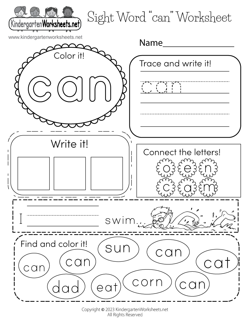 Free Printable Sight Word Can Worksheet