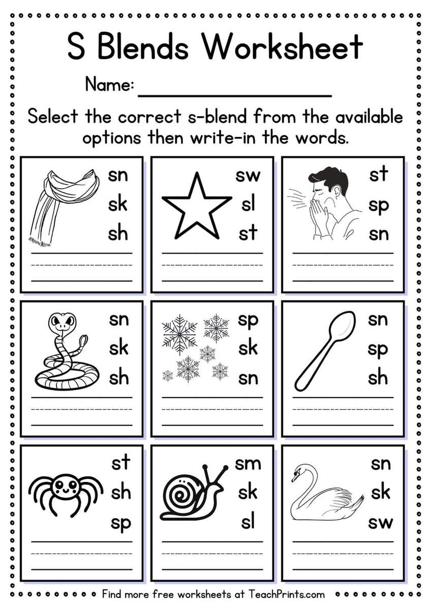 Free S Blend Worksheets Teach Prints Beginning Blends Roll A Word S Worksheet