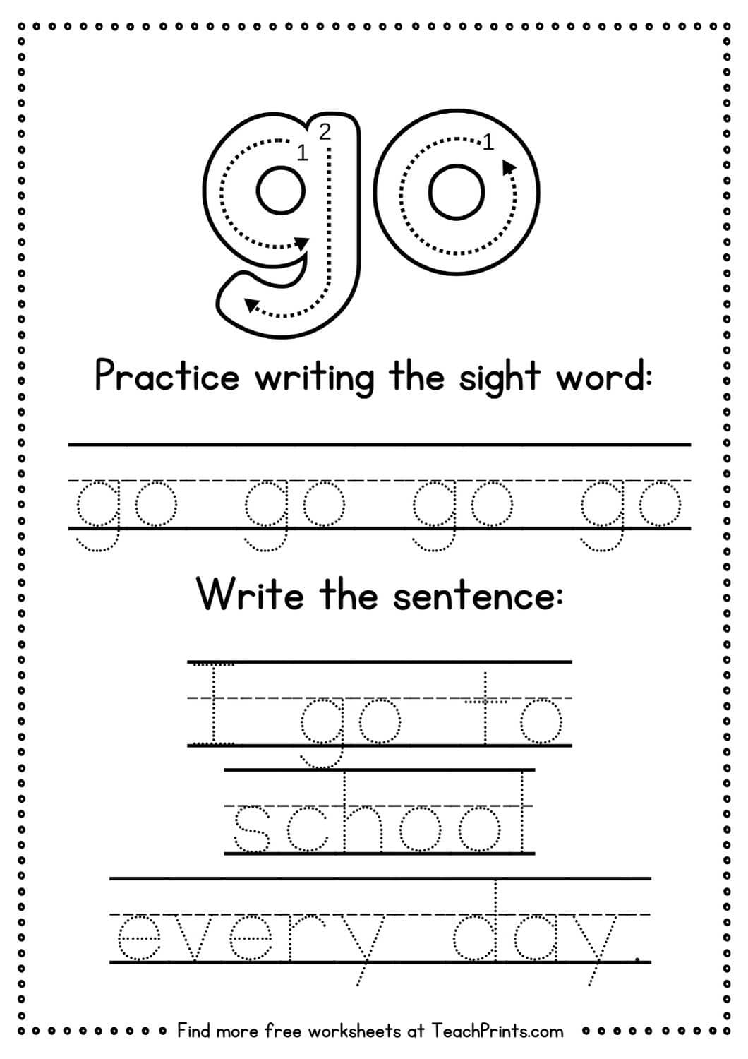 Free Sight Word Go Worksheets Teach Prints