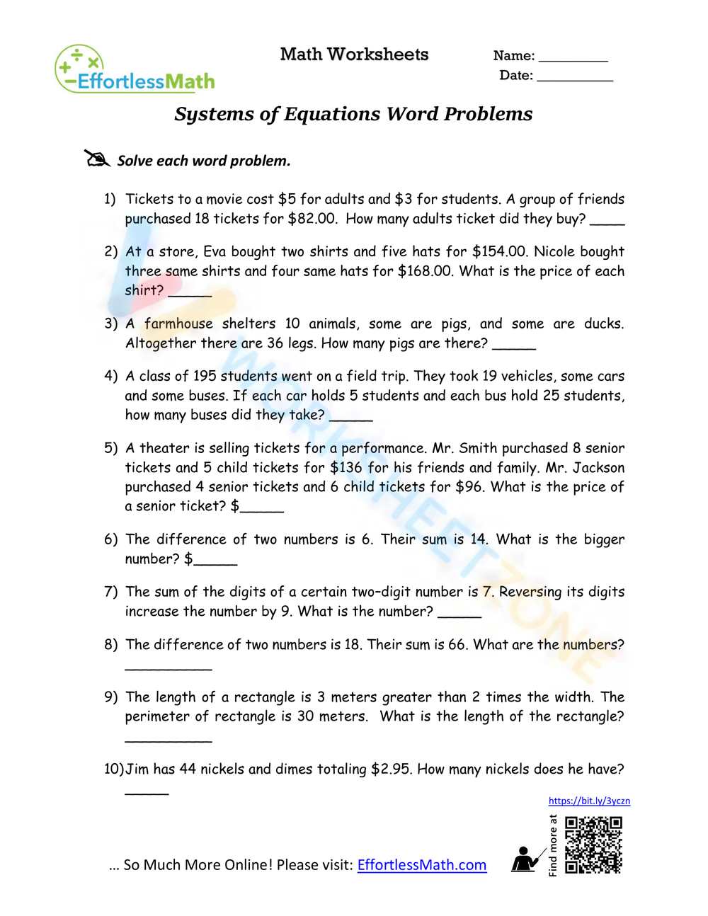 Free Systems Of Equations Word Problems Worksheet Collection Worksheets Library