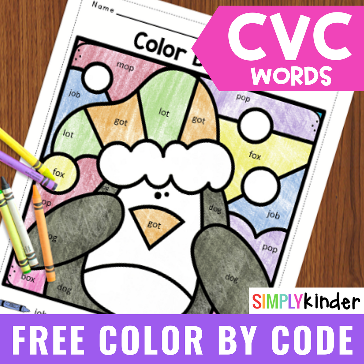 Free Winter Color By Code Worksheets CVC Words Simply Kinder