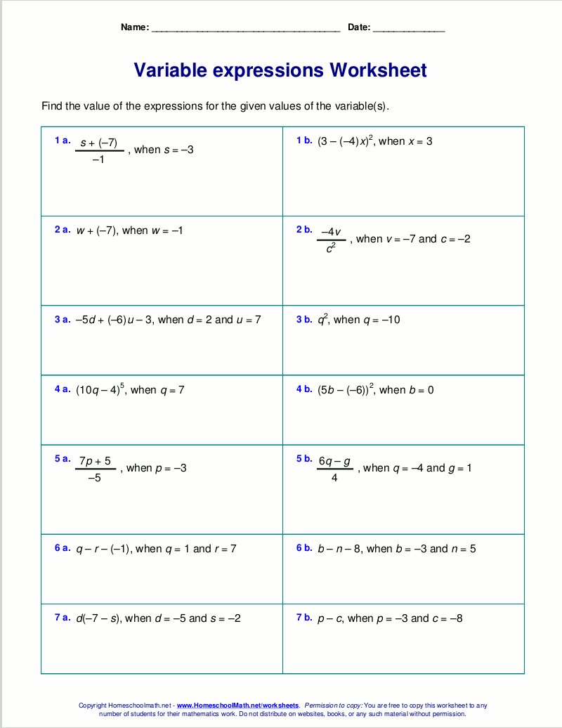 Free Worksheets For Evaluating Expressions With Variables Grades 6 8 Pre Algebra And Algebra 1 Free Worksheets For Evaluating Expressions With Variables Grades 6 8 Pre Algebra And Algebra 1