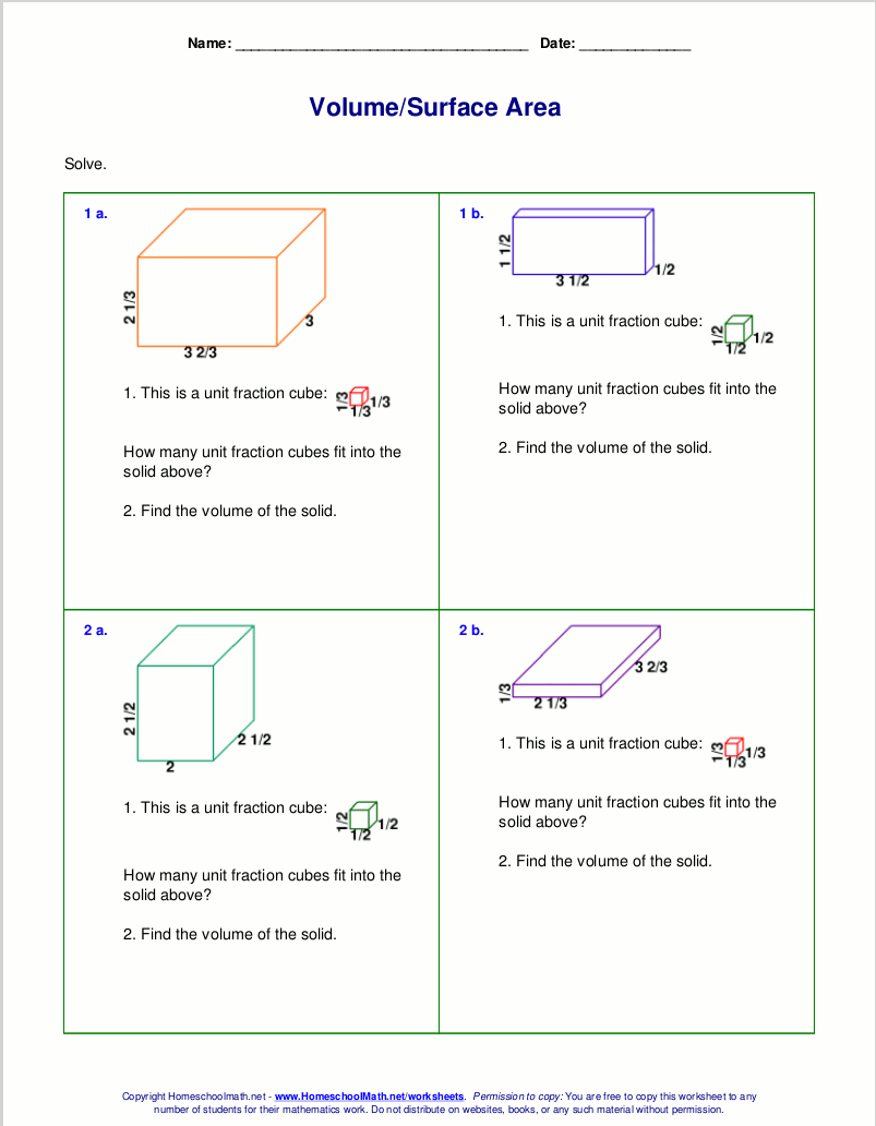 Free Worksheets For The Volume And Surface Area Of Cubes Rectangular Prisms