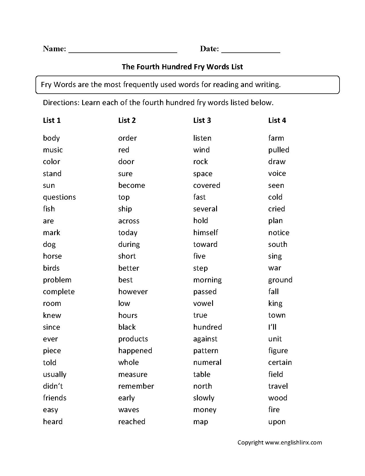 Fry Words Worksheets Fourth Hundred Fry Words List Worksheets