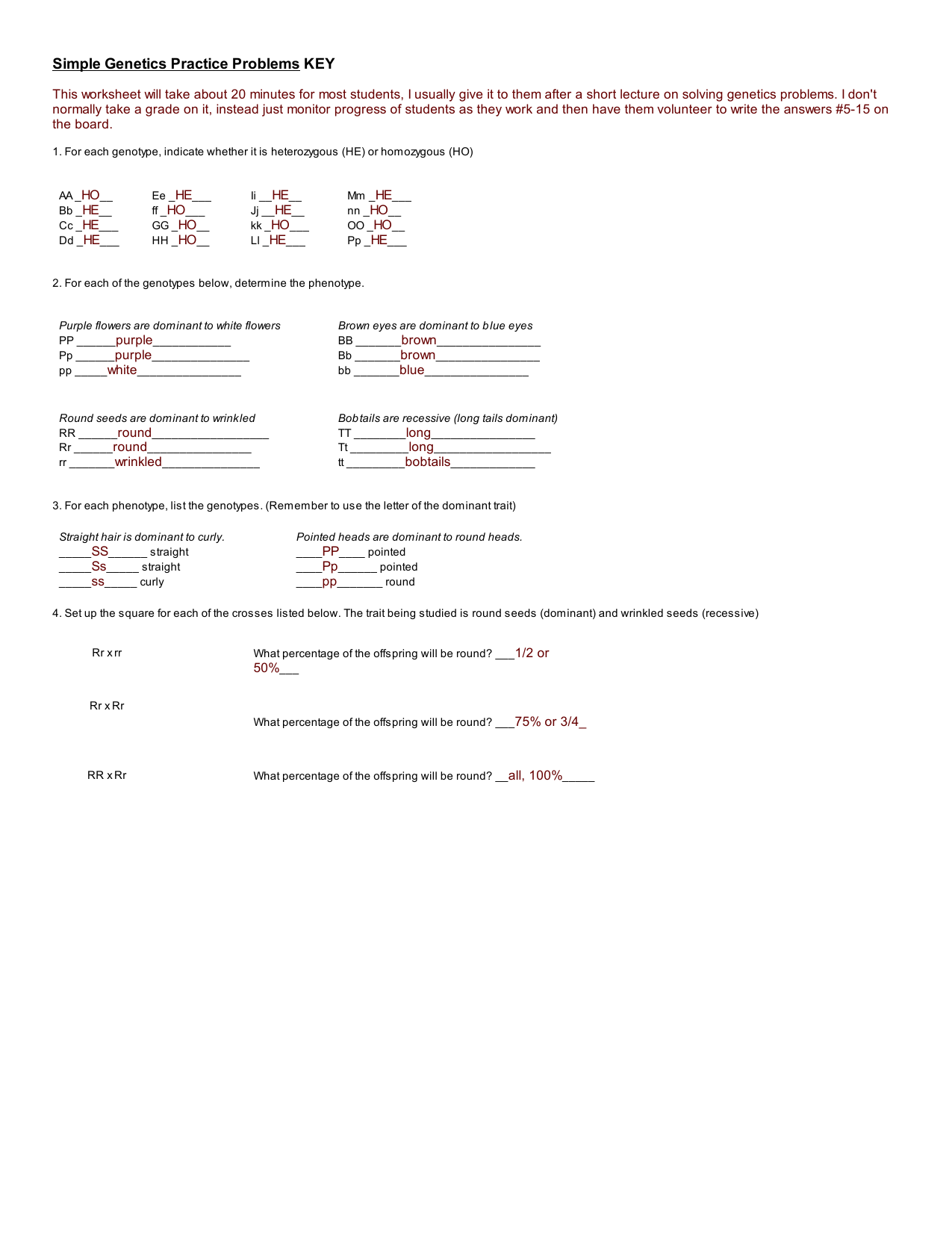 Genetics Practice Problems Worksheet With KEY