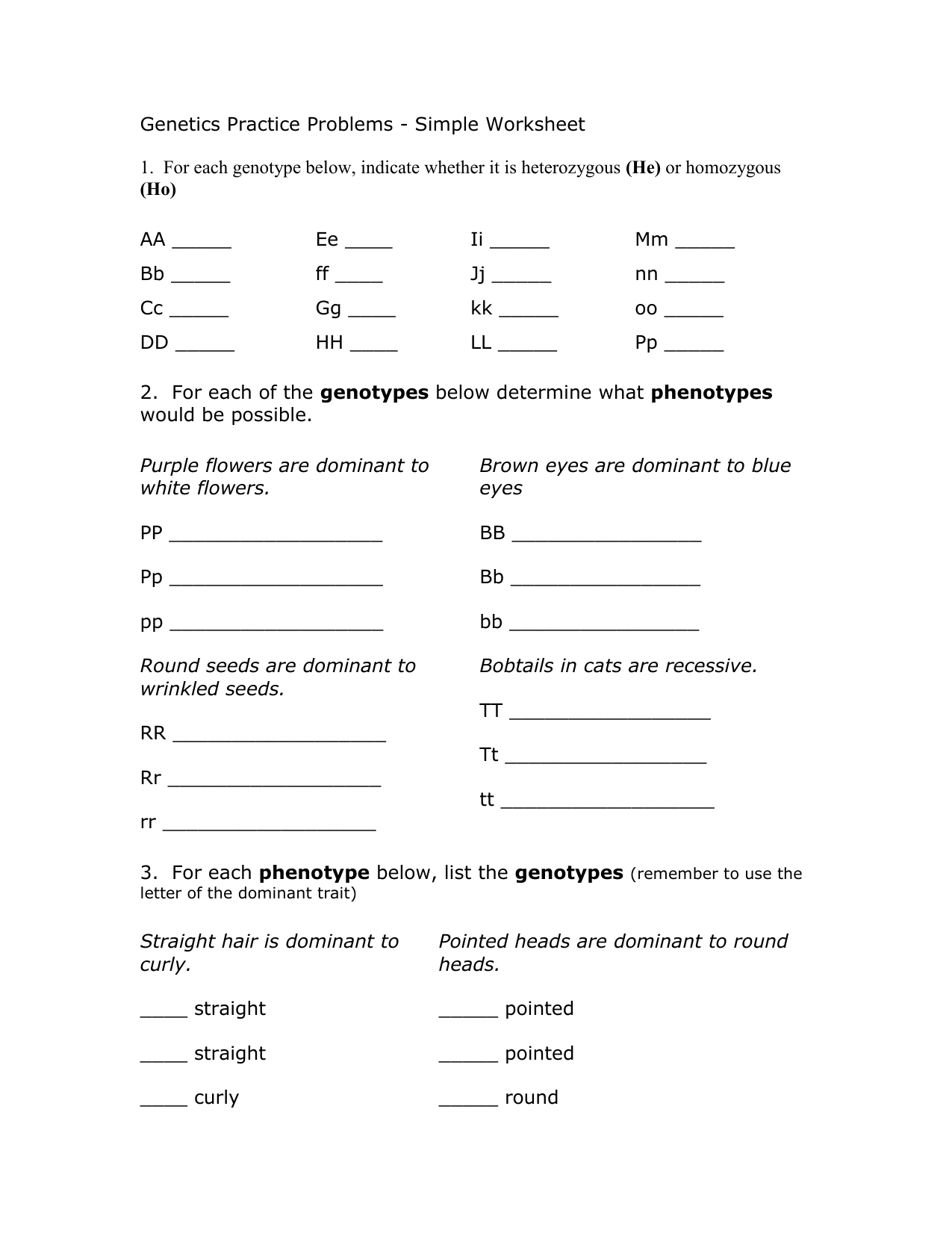 Genetics Practice Problems Worksheet With KEY