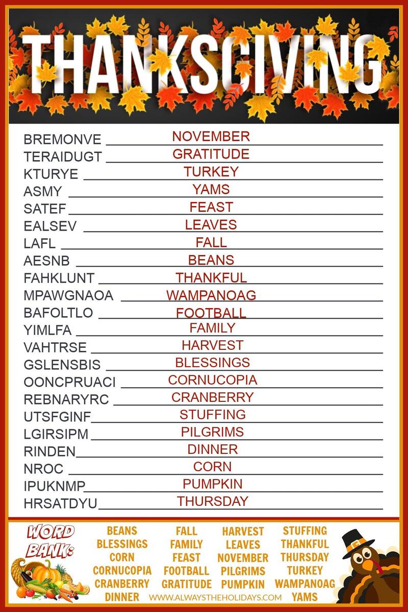 Get A Free Printable Thanksgiving Word Scramble With Answers Free Thanksgiving Word Scramble Printable With Answers