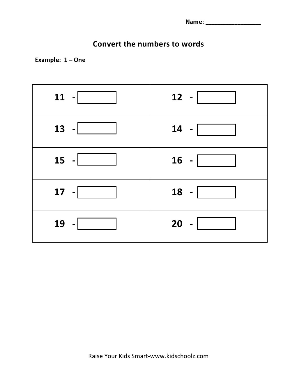 Grade 1 Convert Numbers To Words Worksheet 11 20 Kidschoolz Place Value Worksheets Numbers In The Billions For Word Names 7 Digits 8 Digits Made By Teachers