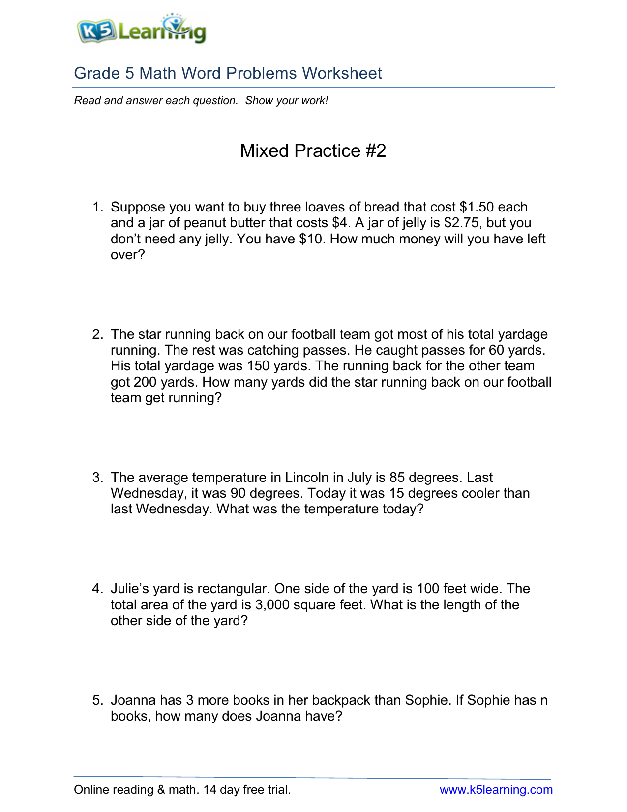 Grade 5 Math Word Problems Worksheet