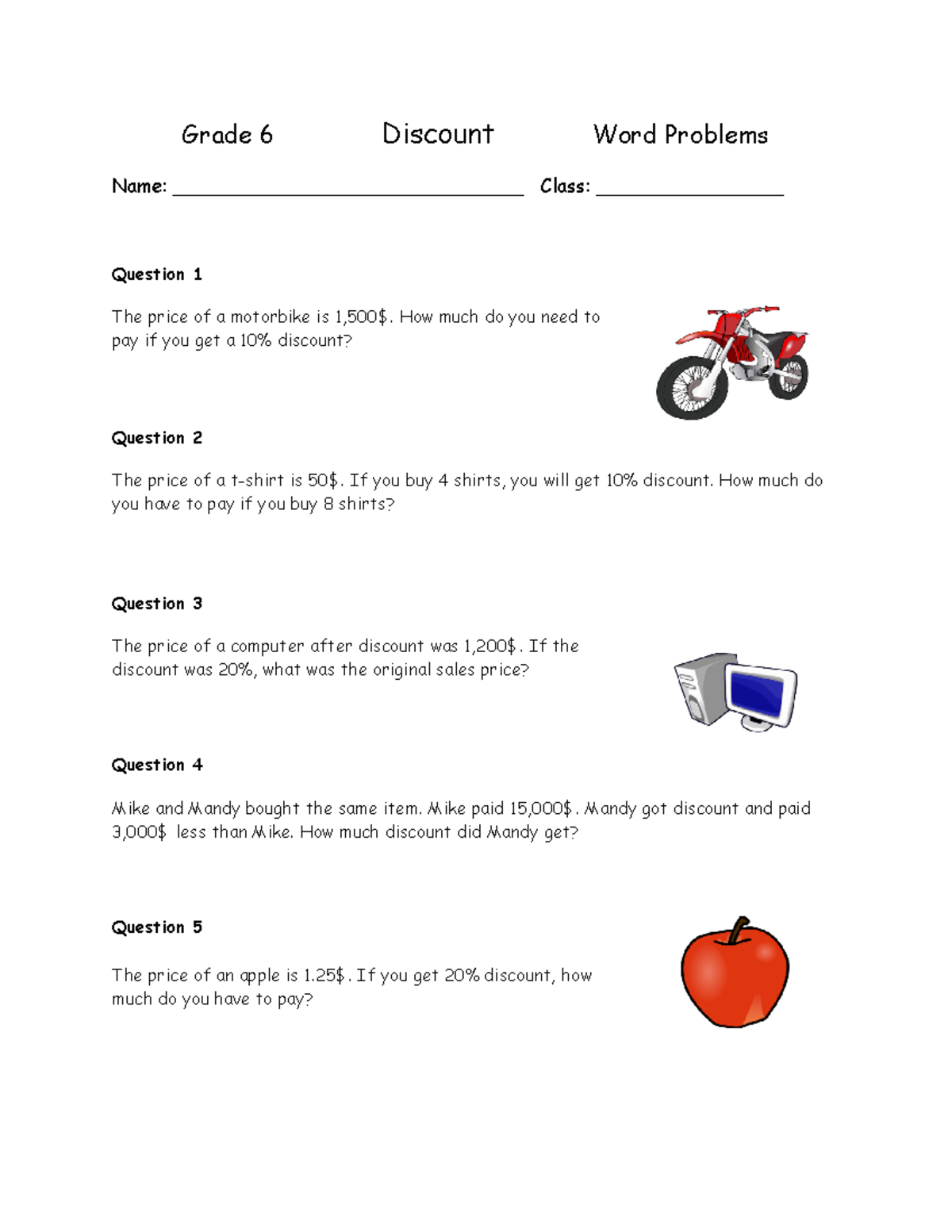 Grade 6 Math Discount Word Problems Practice Studocu