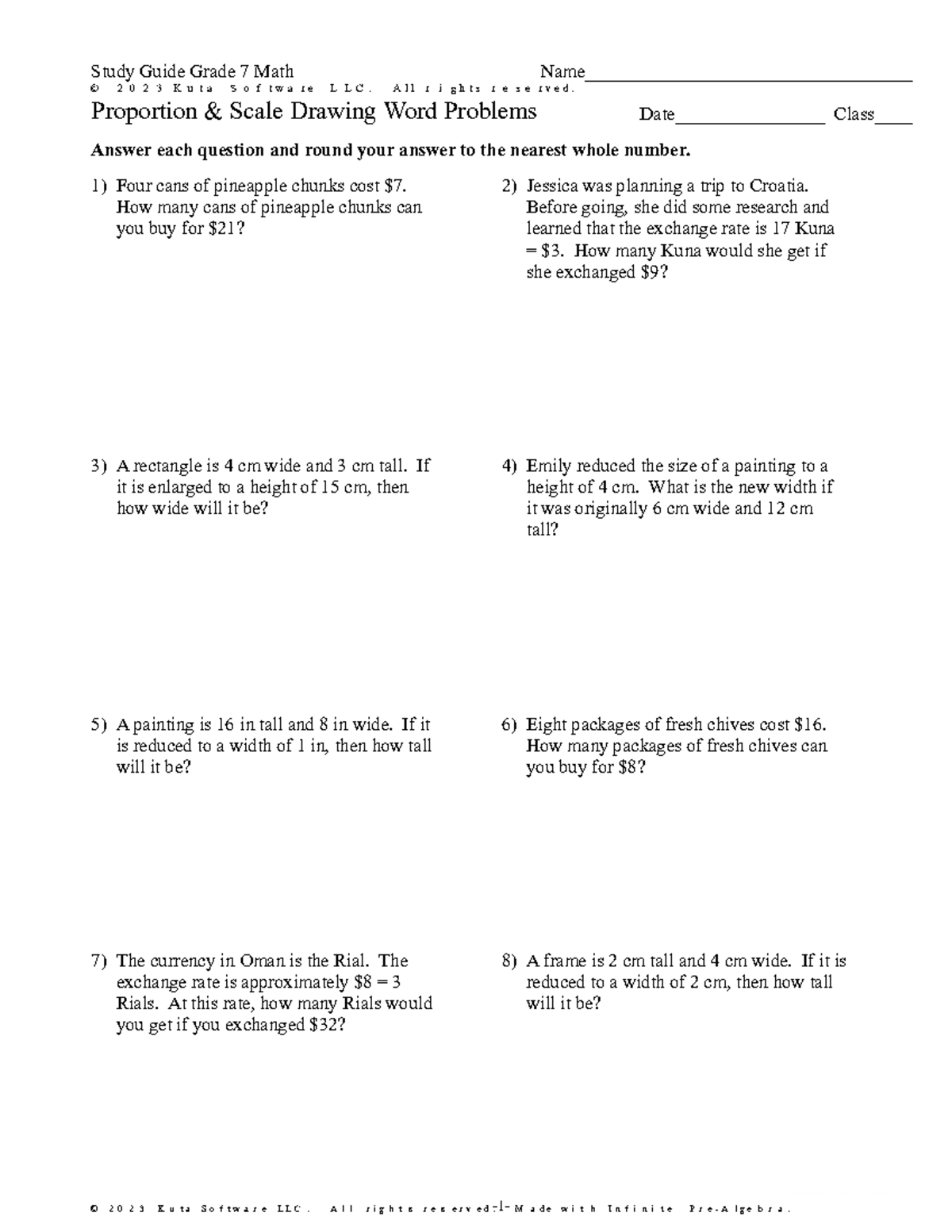 Grade 7 Math Proportion Scale Drawing Word Problems Worksheet Studocu