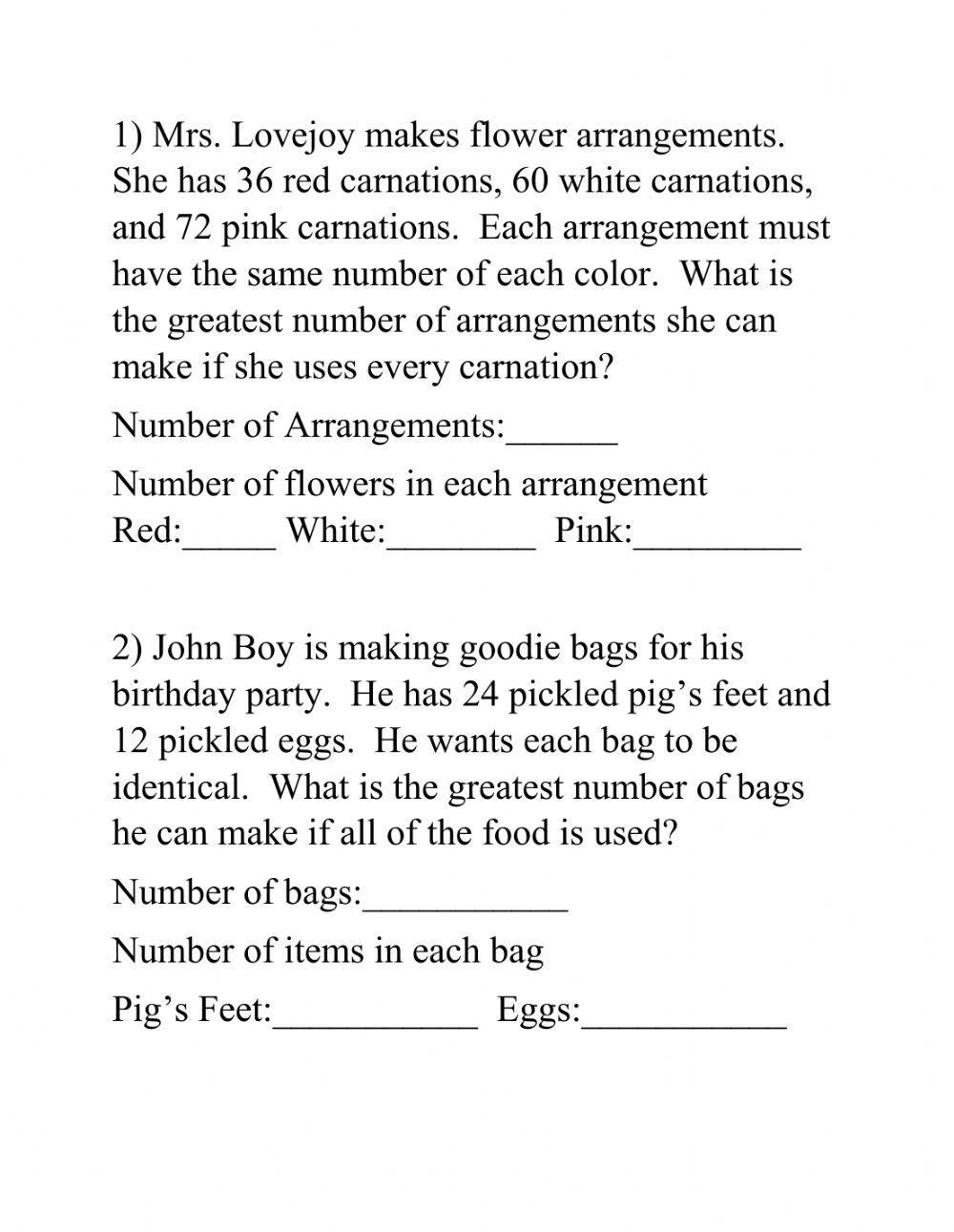 Greatest Common Factor Word Problems GCF Worksheet Worksheets Library