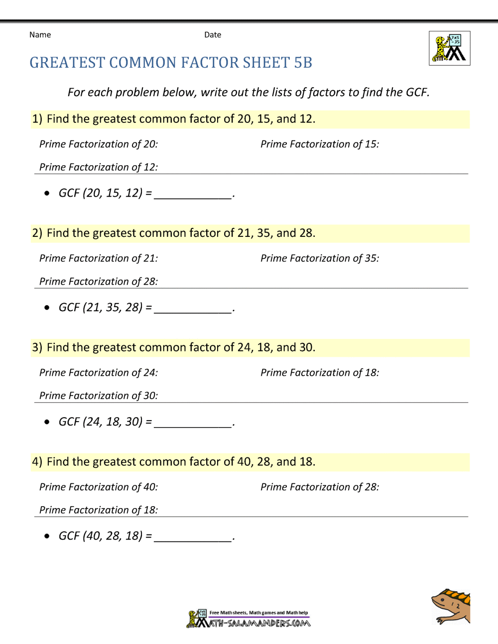 Greatest Common Factor Worksheet Page