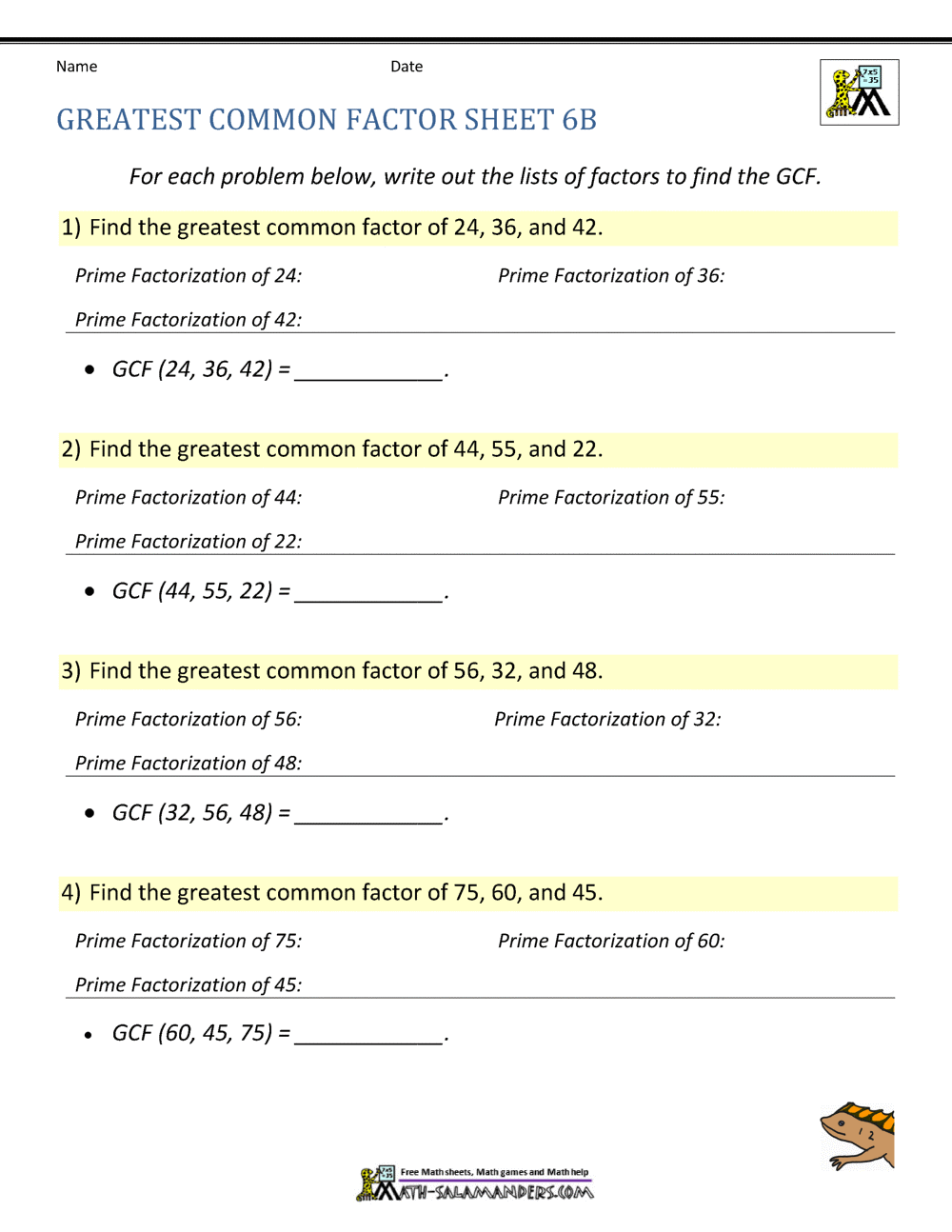 Greatest Common Factor Worksheet Page