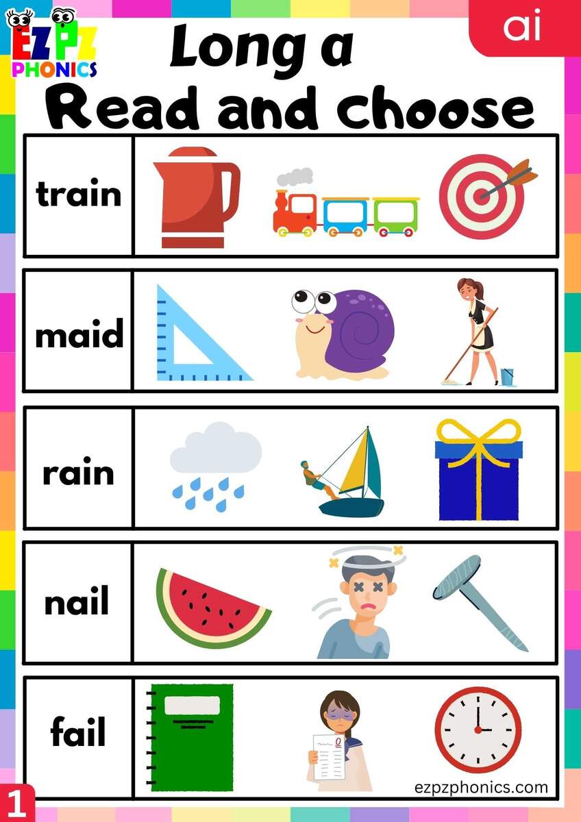 Group1 AI Words Read And Match Long A Phonics Worksheet Ezpzphonics