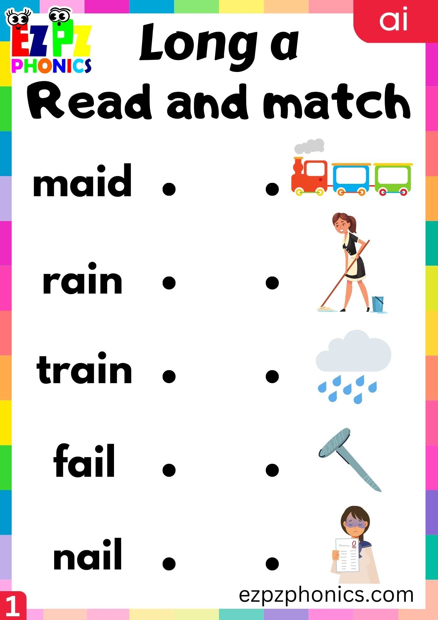 Group1 AI Words Read And Match Long A Phonics Worksheet Ezpzphonics