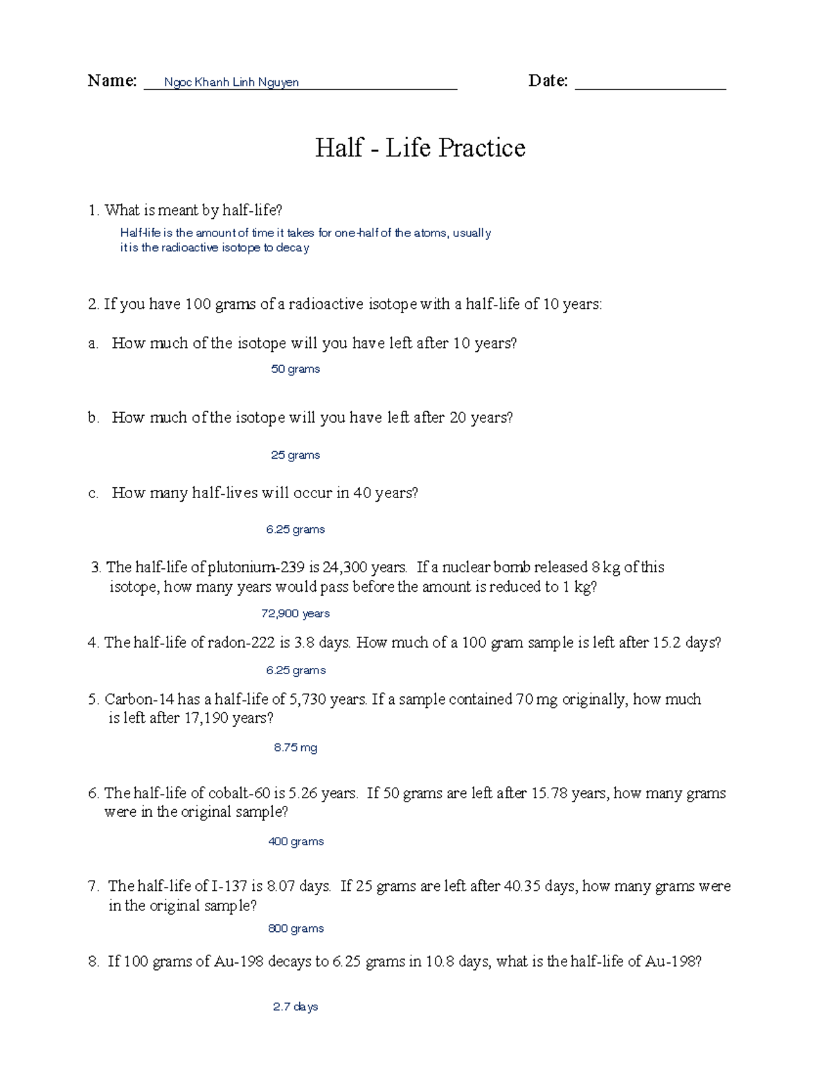 Half Life Worksheet Problems Graphing For Physics 101 Studocu
