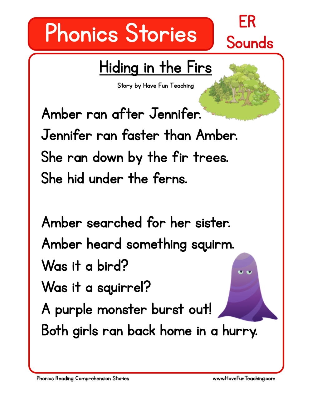 Hiding In The Firs Phonics Reading Comprehension Story Worksheet ER Sound Have Fun Teaching