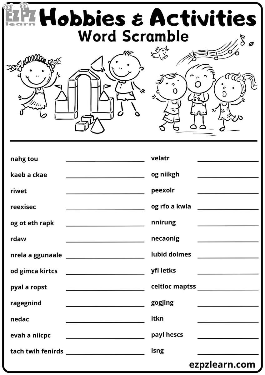Hobbies And Free Time Activities Word Scramble Activity For Kids 26 Words Free Printable PDF Ezpzlearn Hobbies And Free Time Activities Word Scramble Activity For Kids 26 Words Free Printable PDF Ezpzlearn