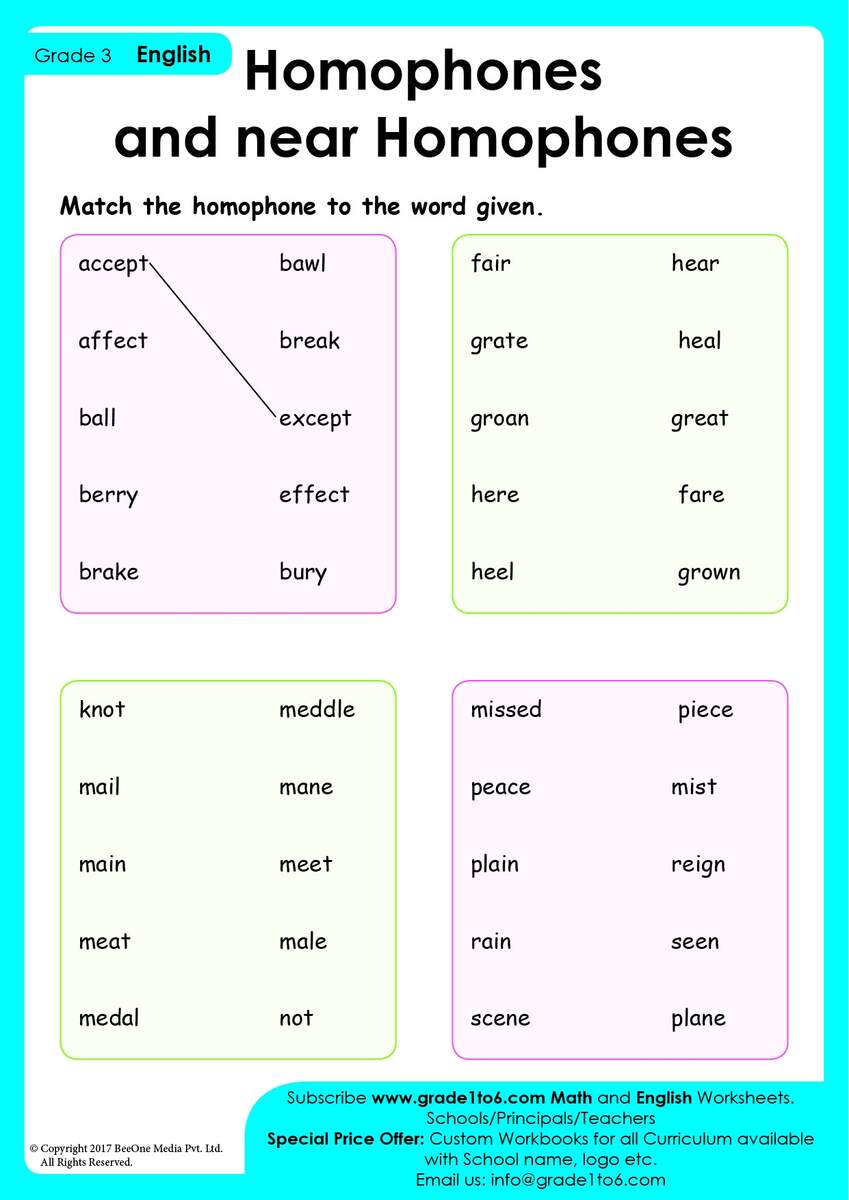 Homophones Worksheet Grade1to6