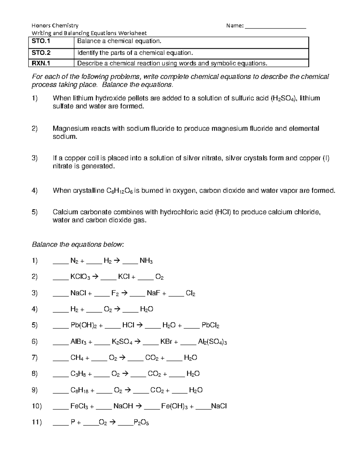 Honors Chemistry STO 1 Writing Balancing Equations Worksheet Studocu