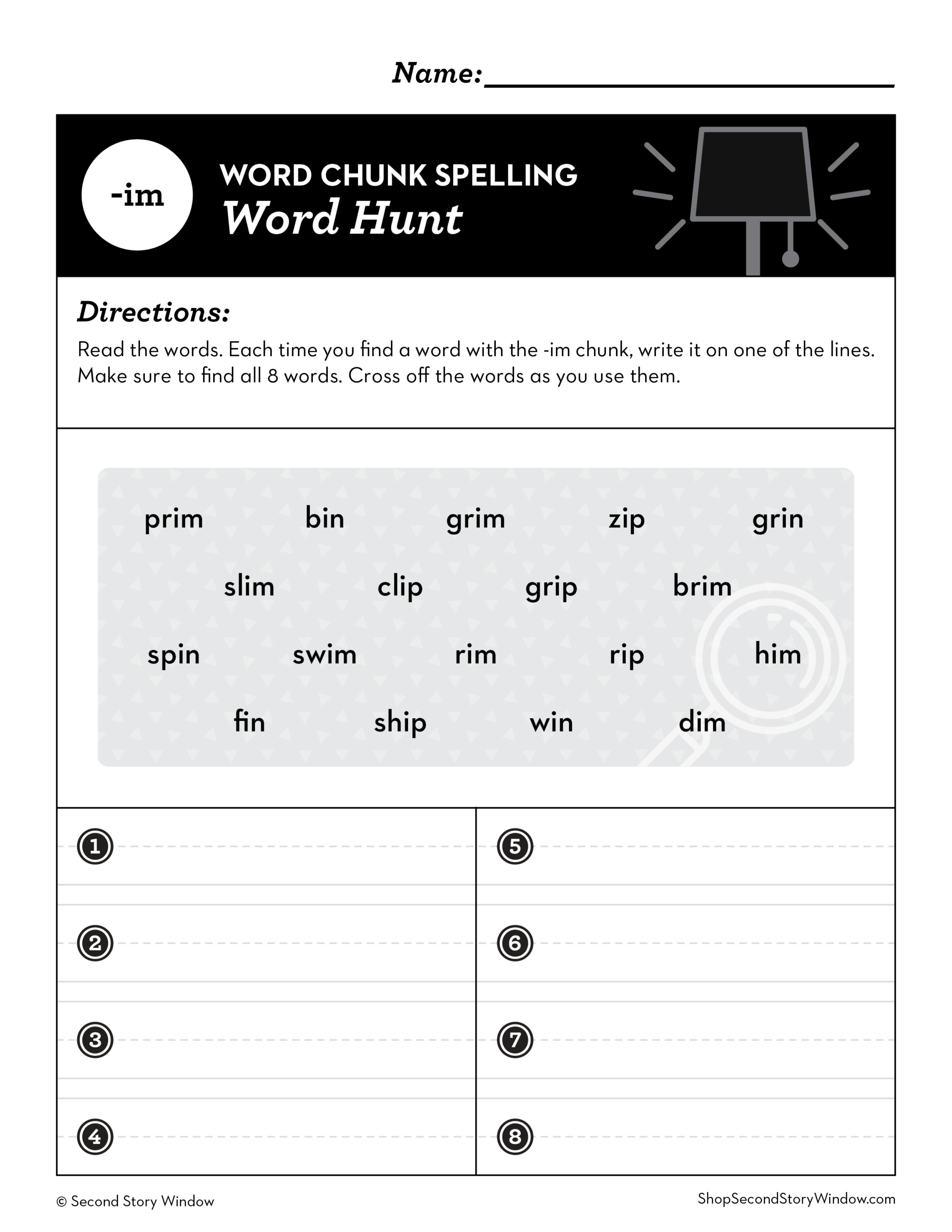 Im Word Family Worksheets No Prep Short Vowel I Chunk Spelling Second Story Window