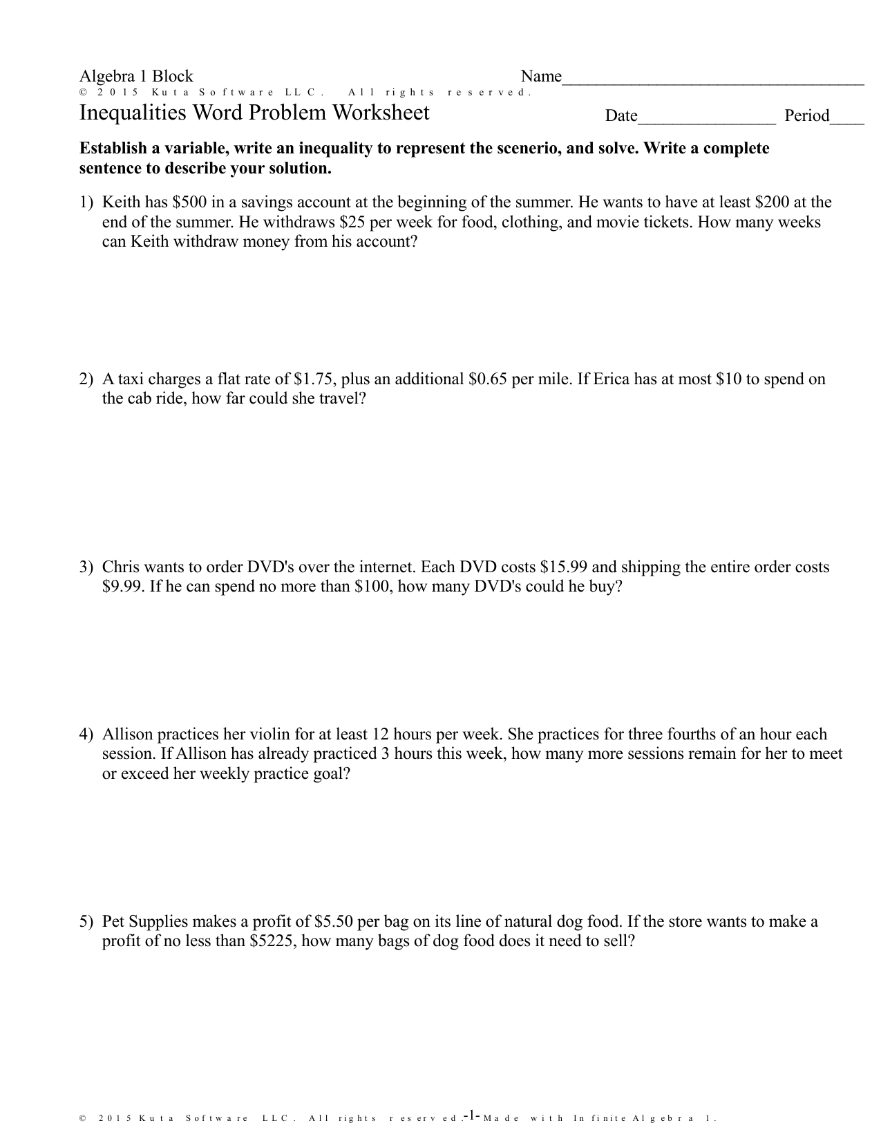 Inequalities Word Problems Worksheet Algebra 1 Systems Of Inequalities Word Problems Math Lib Activity All Things Algebra