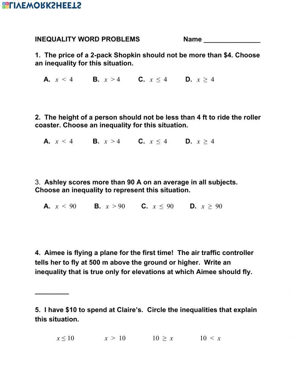 Inequality Word Problems Worksheet Worksheets Library Systems Of Inequalities Word Problems Math Lib Activity All Things Algebra