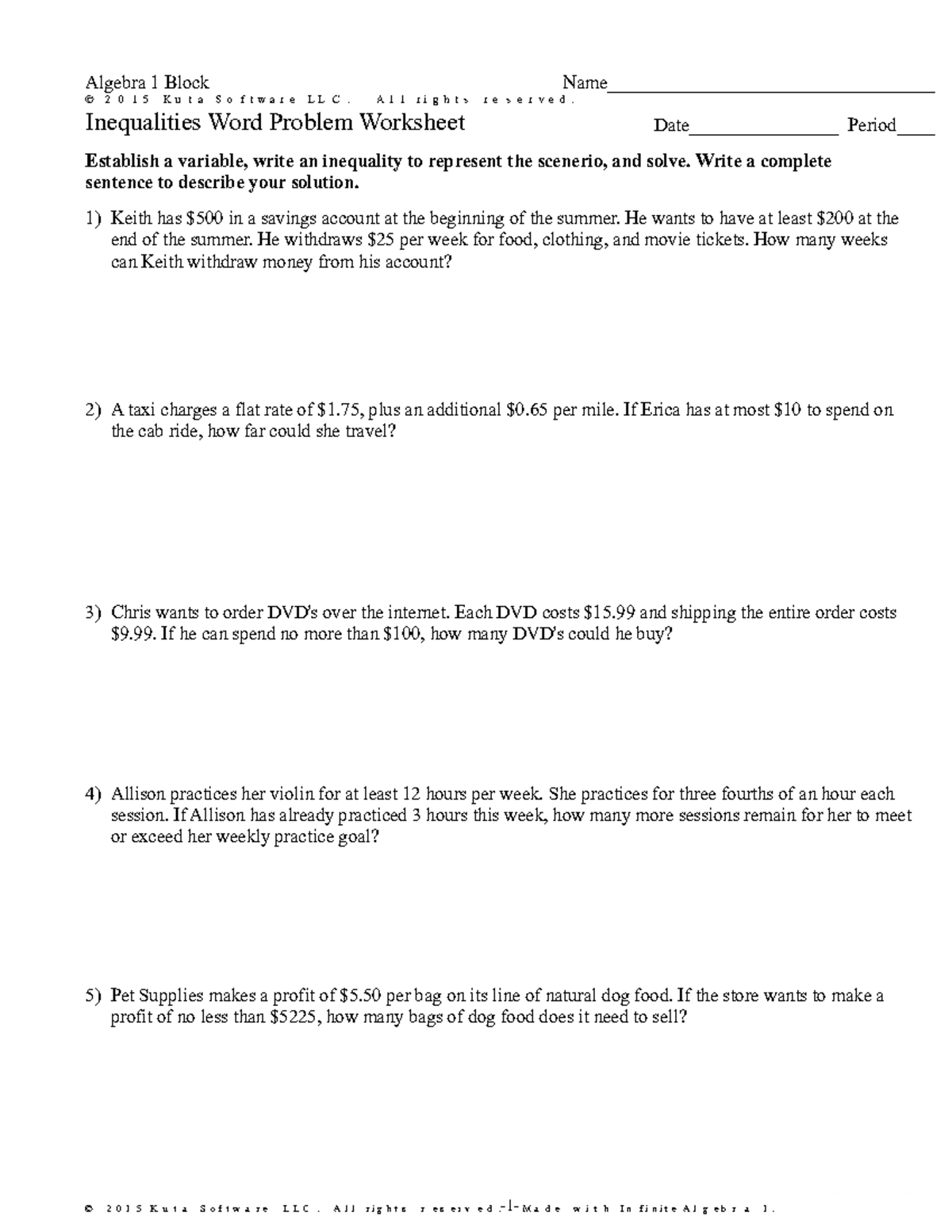 Inequality Word Problems Worksheet Worksheets Library
