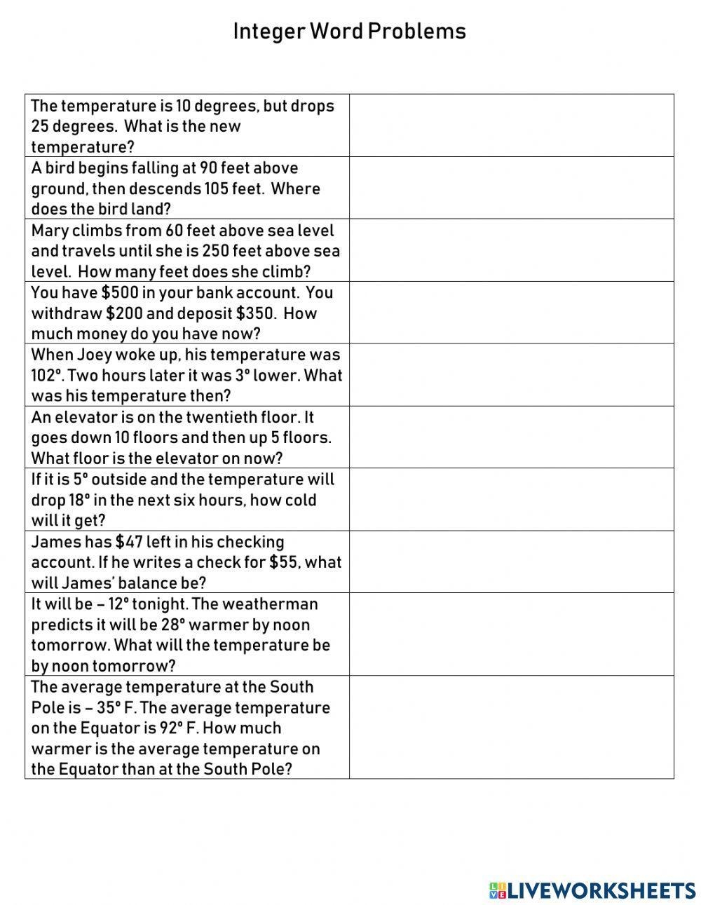 Integer Word Problems Practice Worksheet Worksheets Library