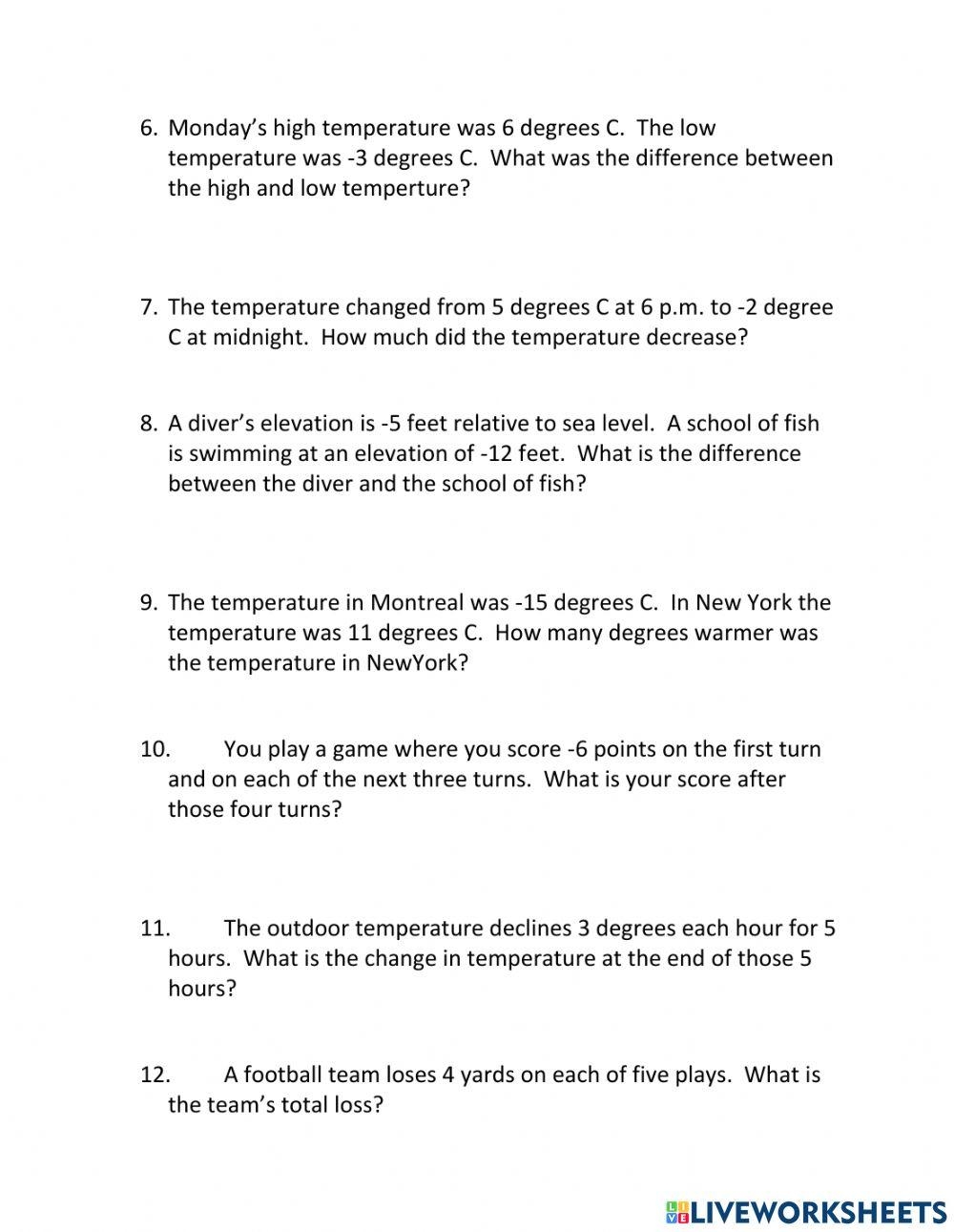 Integer Word Problems Test Suparna Sain Live Worksheets Library