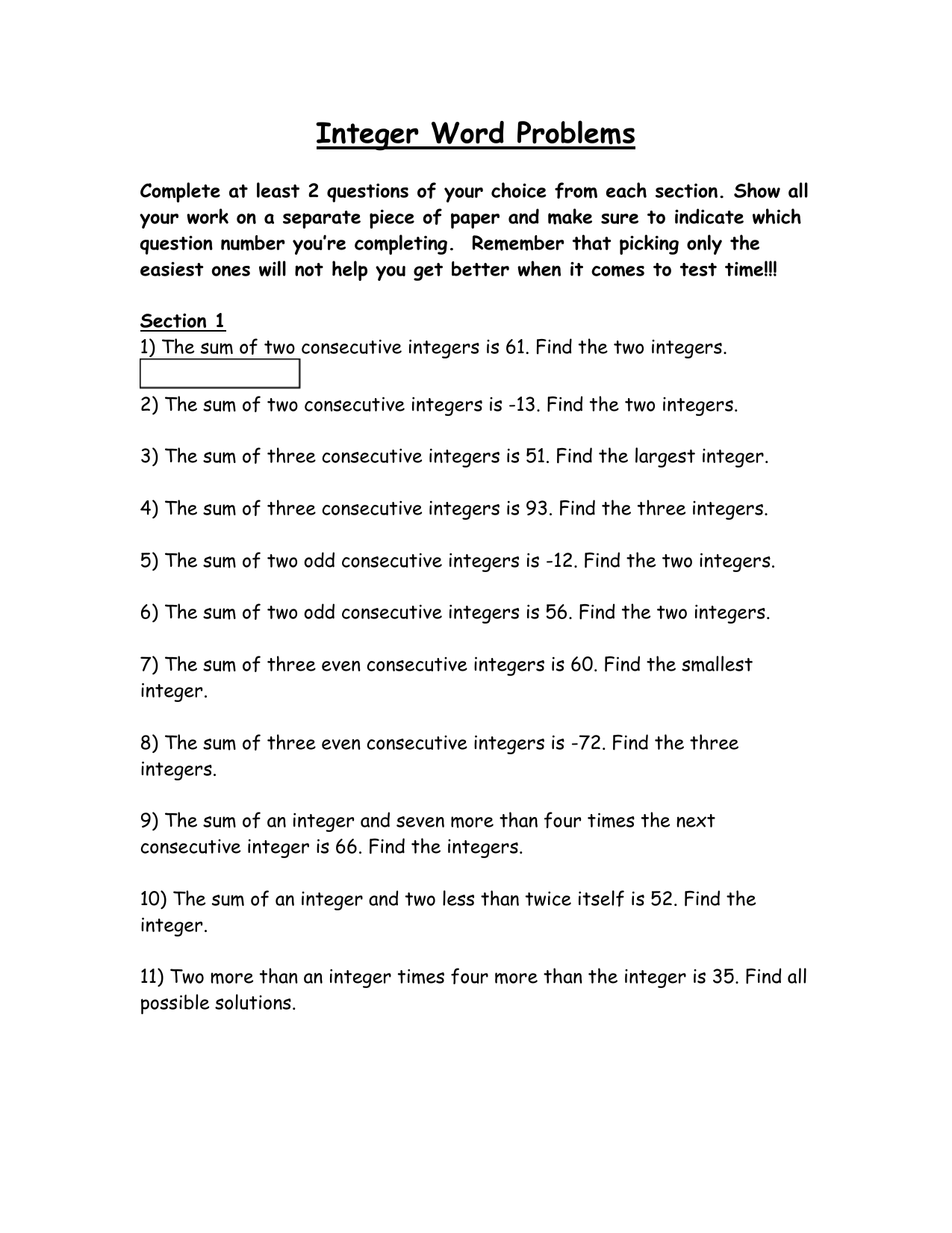 Integer Word Problems Test Suparna Sain Live Worksheets Library
