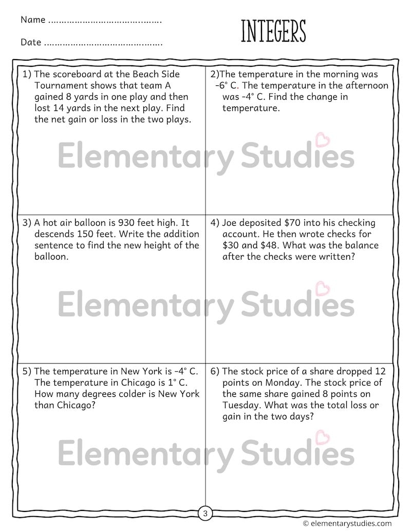 Integers Addition And Subtraction Word Problems Elementary Studies Integers Addition And Subtraction Word Problems Elementary Studies