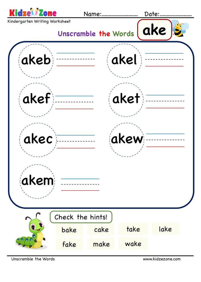 Kindergarten Ake Word Family Unscramble Words Worksheets Worksheets Library