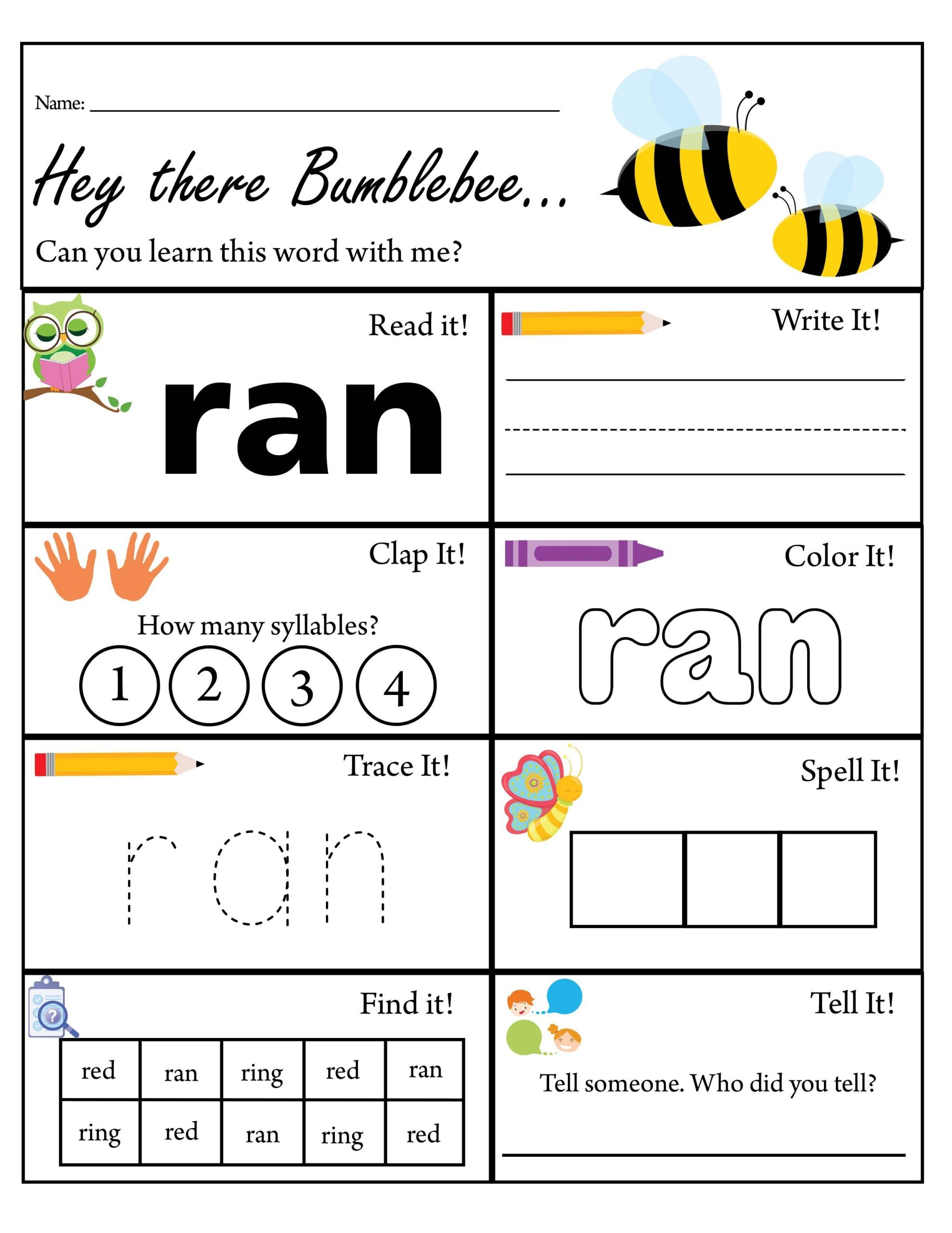 Kindergarten Sight Word Ran Worksheet Dolch Sight Words TPT