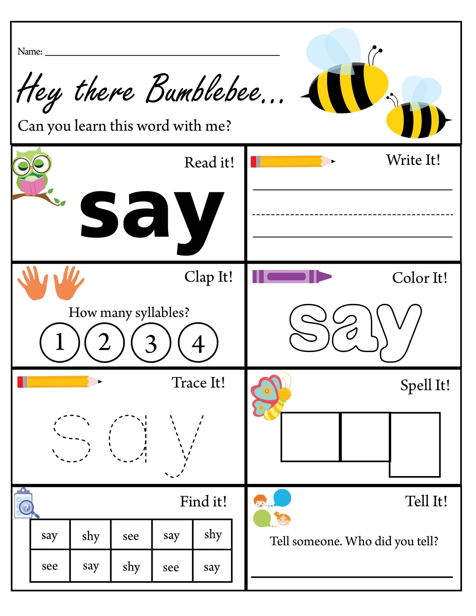 Kindergarten Sight Word Say Worksheet Dolch Sight Words TPT