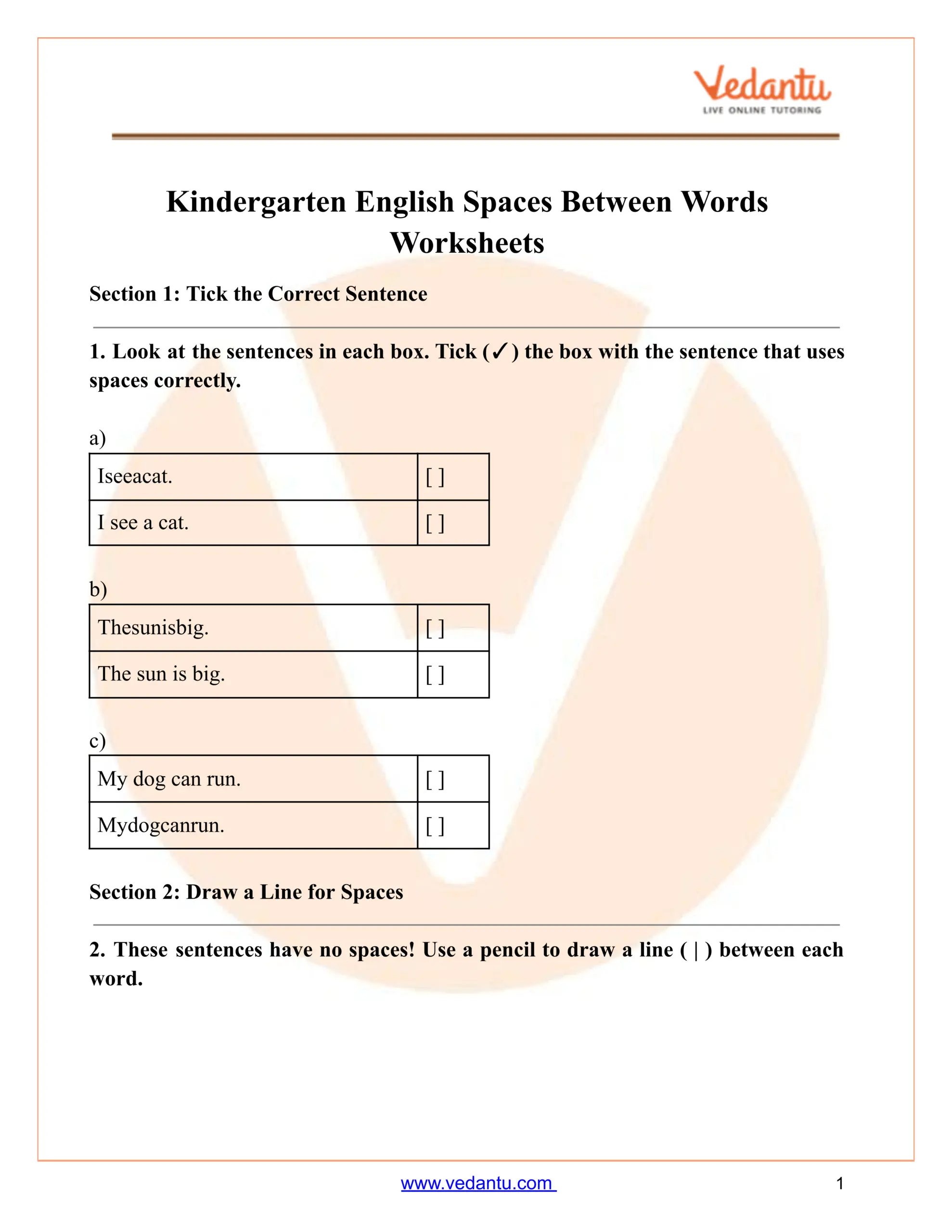 Kindergarten Spaces Between Words Worksheet PDF Free Printable Practice