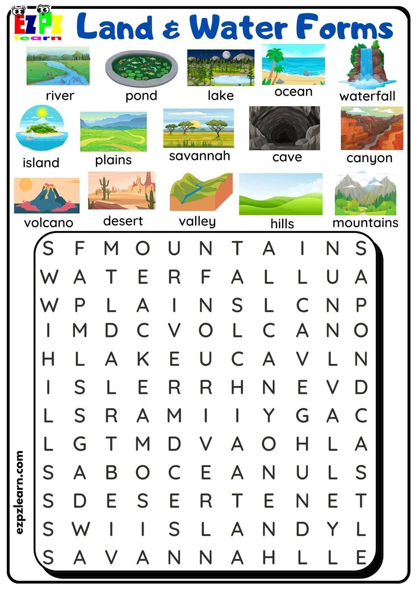 Land And Water Forms Word Search Ezpzlearn