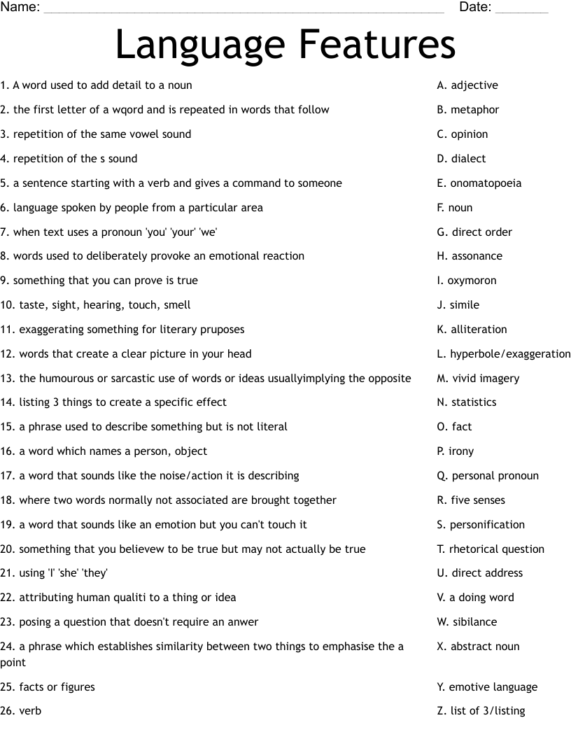 Language Features Worksheet WordMint Language Features Worksheet WordMint