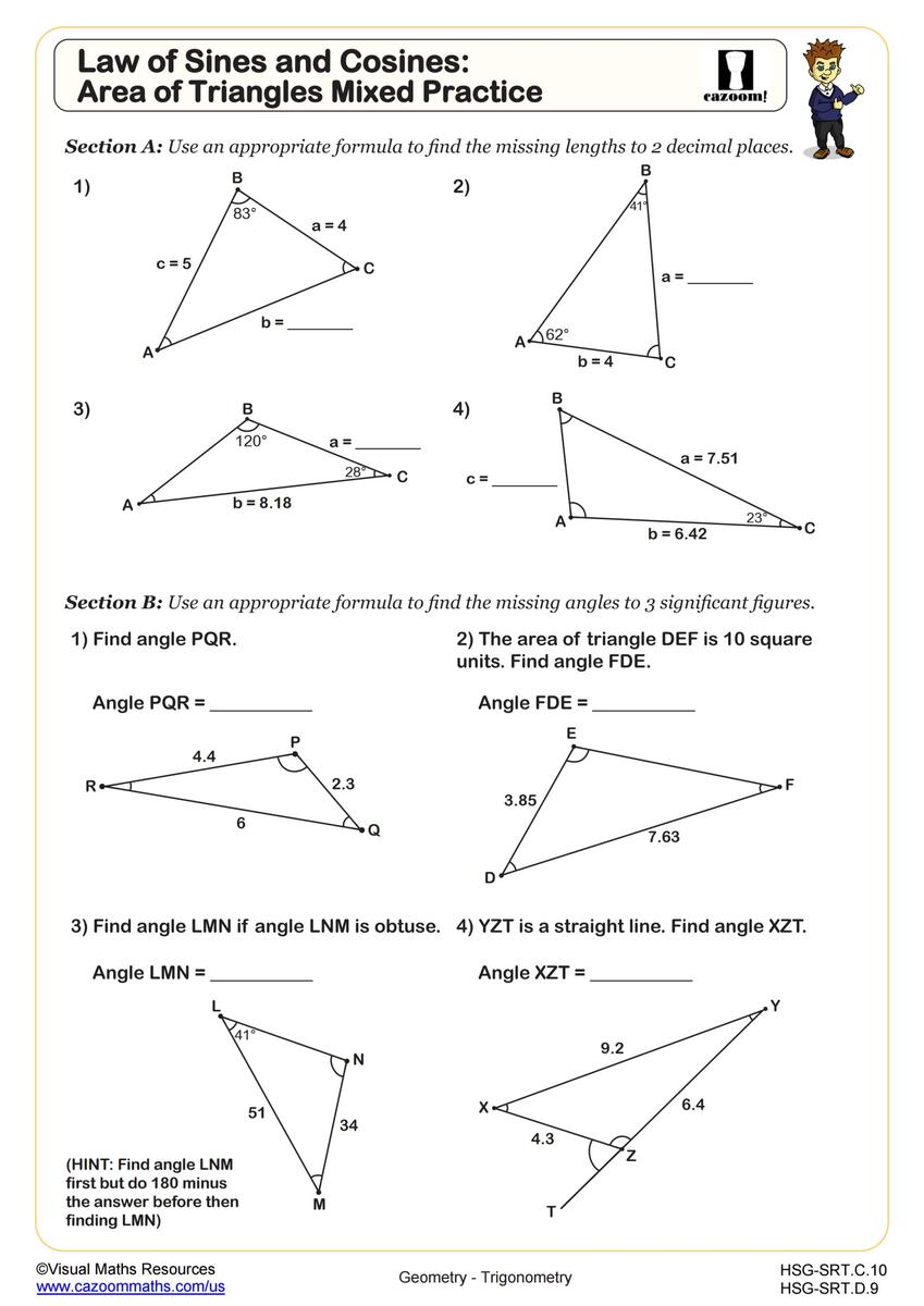 Law Of Sines And Cosines Area Of Triangles Mixed Practice Worksheet Fun And Engaging Algebra II PDF Worksheets Cazoom Math