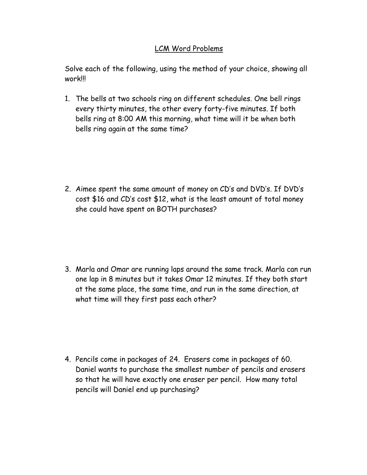 LCM Word Problems Worksheet