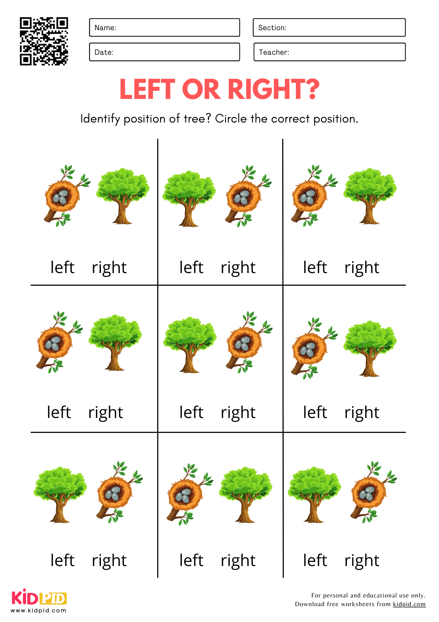Left Or Right Position Worksheet For Kindergarten Kidpid