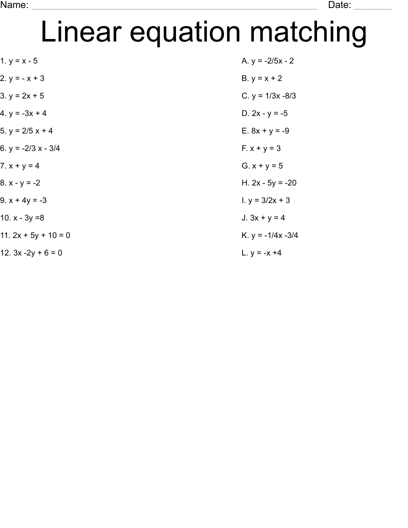Linear Equation Matching Worksheet WordMint
