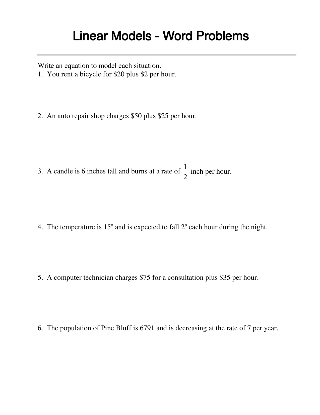 Linear Equations Word Problems Worksheet